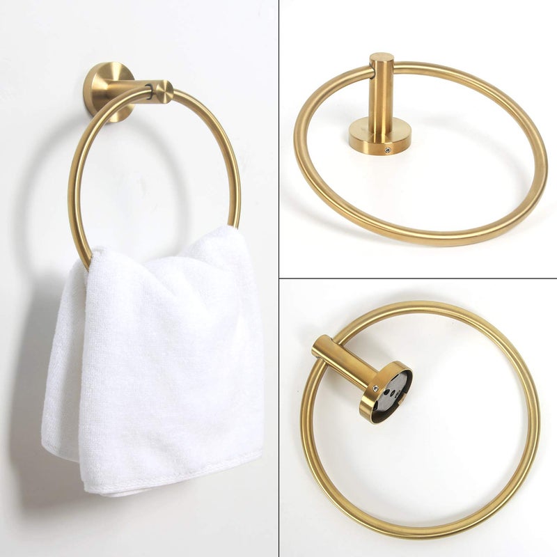 HouseAid Towel Ring and Toilet Paper Holder Set 2 Pieces Bathroom Hardware Stainless Steel Bathroom Hand Towel Holder Circle Towel Hanger Wall Mounted Brushed Gold - Image 3